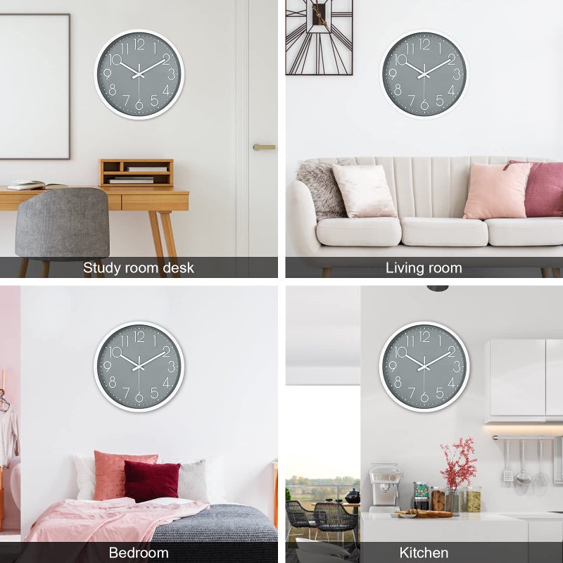 JUSTUP 12in Non-Ticking Wall Clock, Silent Battery Operated Wall Clock with ABS Frame HD Glass Cover for Kids Living Room Bedroom Kitchen School Office Decor (Gray) - Image 4